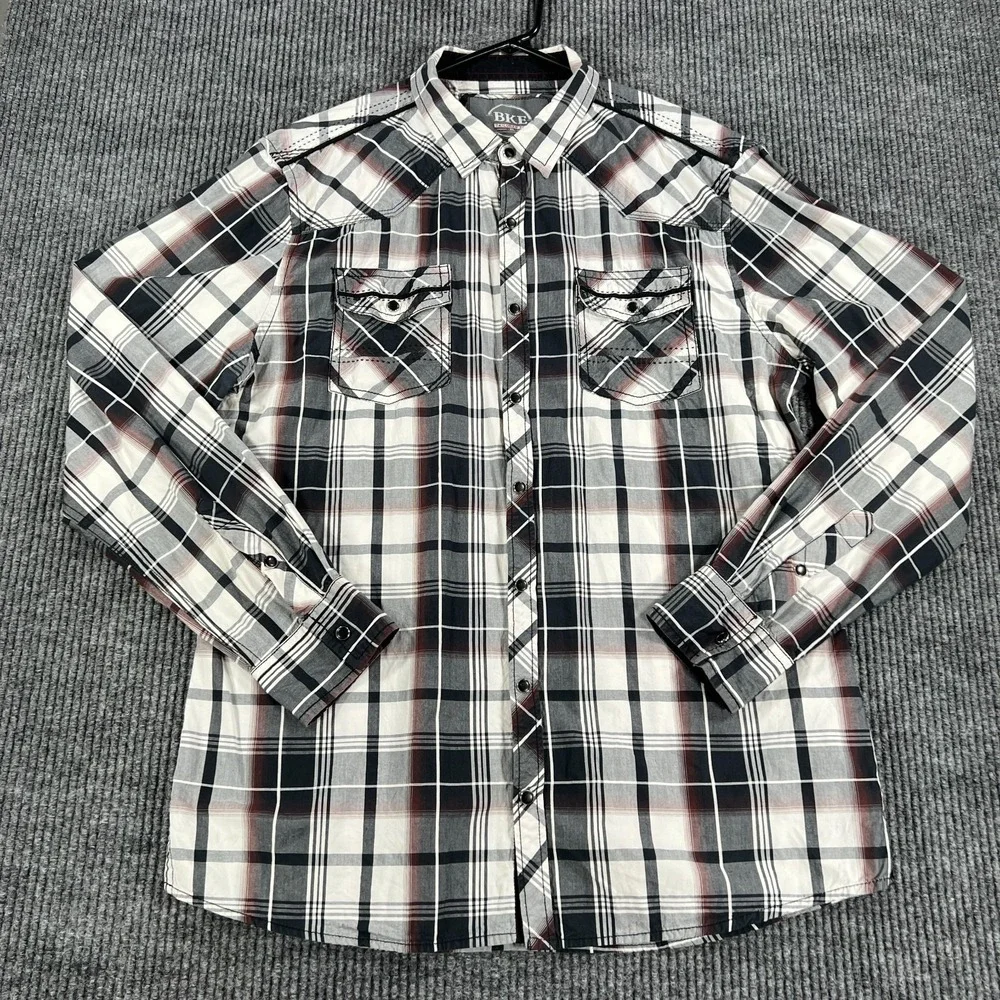 BKE Shirt Mens XL Extra Large Black White Plaid Long Sleeve Pearl Snap Western